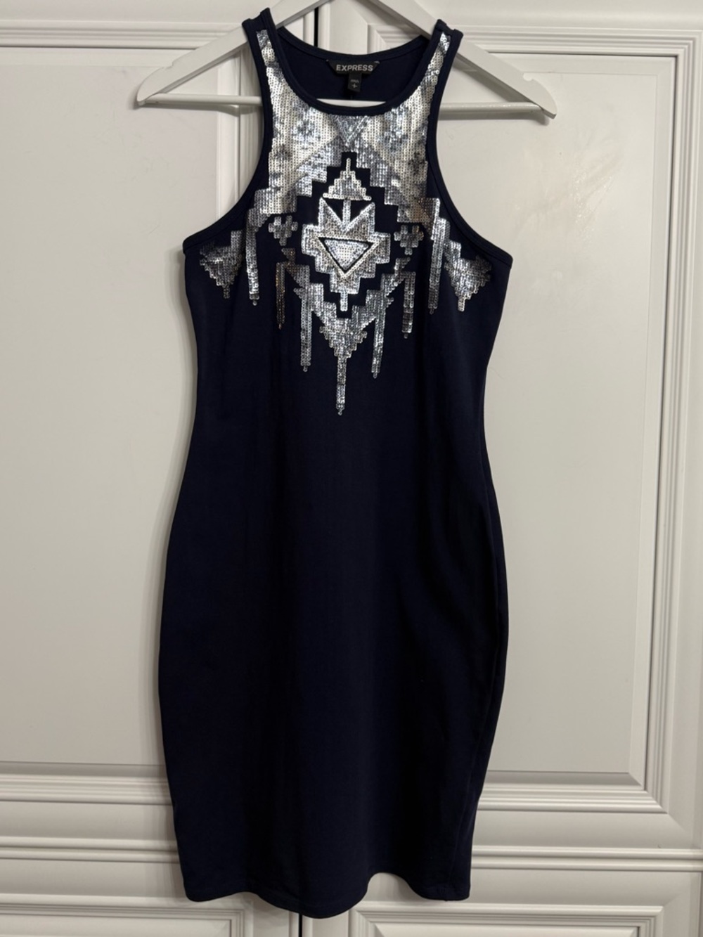 Express Size Small Navy Sleeveless Scoop Neck Aztec Bodycon Sequin Mini Dress